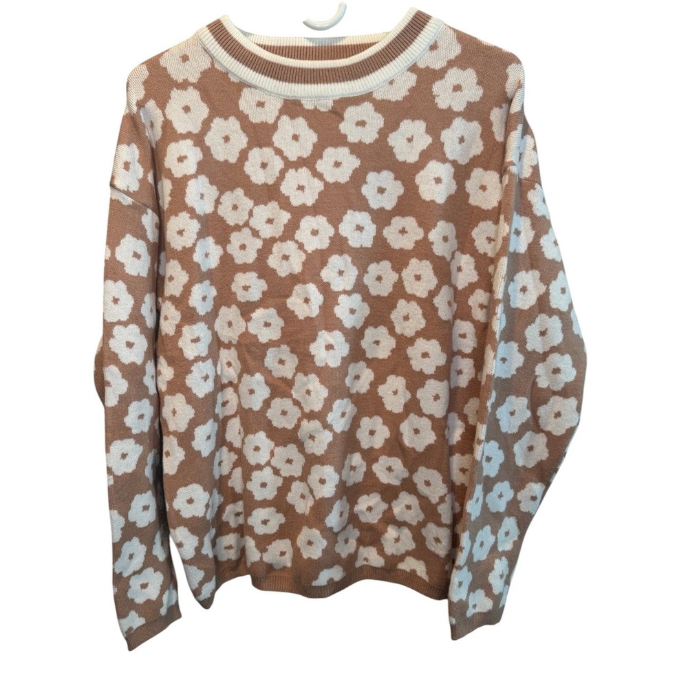 PrettyGarden Womens Tan White Floral Crew Neck Long Sleeve Knit Sweater M NEW
